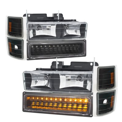 Chevy Silverado 1994-1998 Black Headlights LED DRL and Custom LED Tail