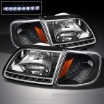 1998 Ford F150 Black Euro Headlights with LED and Corner Lights Set