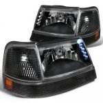 2000 Ford Ranger Black Euro Headlights with LED and Bumper Lights Set