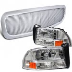 1999 Dodge Dakota Chrome Front Grill and Headlights Set