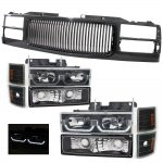 1996 Chevy 1500 Pickup Black Front Grill and LED DRL Headlights Set