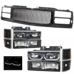 1996 Chevy Silverado Black Front Grill and LED DRL Headlights Set