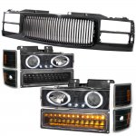 1994 Chevy 1500 Pickup Black Grill and Halo Projector Headlights LED Bumper Lights