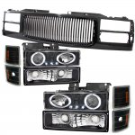 1996 Chevy 1500 Pickup Black Front Grill and Halo Projector Headlights Set