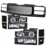 1994 Chevy 2500 Pickup Black Front Grill and Halo Projector Headlights Set