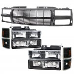 1996 Chevy 2500 Pickup Black Grille Billet Bar and Headlights Set