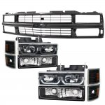 1997 Chevy 2500 Pickup Black Grille and LED DRL Headlights Set