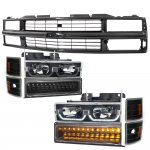 Chevy 3500 Pickup 1994-1998 Black Replacement Grille and LED DRL Headlights Bumper Lights