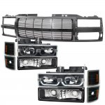1995 Chevy 1500 Pickup Black Billet Grille and LED DRL Headlights Set