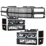 1997 Chevy 3500 Pickup Black Billet Grille and LED DRL Headlights Set