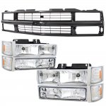 Chevy 2500 Pickup 1994-1998 Black Grille and Clear Headlights Set