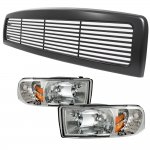 1998 Dodge Ram 3500 Black Billet Grille and Clear Euro Headlights Set