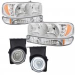 2005 GMC Sierra Chrome LED DRL Headlights Set and Halo Projector Fog Lights