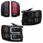 2013 Chevy Silverado 3500HD Black Smoked DRL Projector Headlights and Black LED Tail Lights