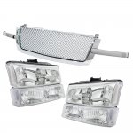 2004 Chevy Silverado Chrome Mesh Grille and Clear Headlights Set