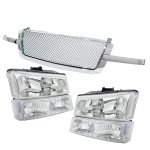 2003 Chevy Silverado 1500HD Chrome Mesh Grille and Clear Headlights Set