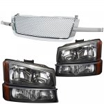 2003 Chevy Silverado 3500 Chrome Mesh Grille and Black Headlights Set