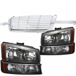 2003 Chevy Silverado 3500 Chrome Billet Grille and Black Headlights Set