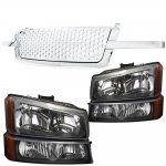 2004 Chevy Avalanche Chrome Punch Grille and Black Headlights Set