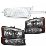 2003 Chevy Silverado 1500HD Chrome Punch Grille and Black Headlights Set