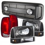 1999 Ford F250 Super Duty Black Grille Headlights Set and Custom LED Tail Lights Red Clear