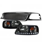 1999 Ford Expedition Black Vertical Grille LED DRL Headlights Black Smoked