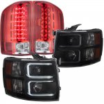2009 Chevy Silverado 3500HD Black Smoked DRL Projector Headlights and Red LED Tail Lights
