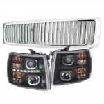 2007 Chevy Silverado Chrome Vertical Grille Black Halo LED DRL Projector Headlights