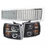 2010 Chevy Silverado Chrome Vertical Grille Black Halo LED DRL Projector Headlights