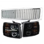 2008 Chevy Silverado Chrome Vertical Grille Black Smoked Halo LED DRL Projector Headlights