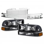2001 Chevy S10 Pickup Chrome Billet Grille and Black Euro Headlights Set