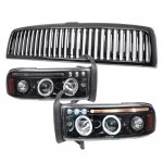 1996 Dodge Ram Black Vertical Grille Smoked LED Eyebrow Projector Headlights with Halo