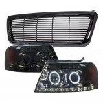 Ford F150 2004-2008 Black Billet Grille and Smoked Projector Headlights Halo LED DRL