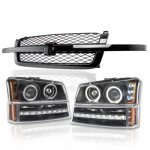 2003 Chevy Silverado 1500 Black Grille and Halo Projector Headlights LED DRL Bumper Lights