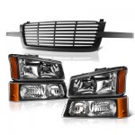 2003 Chevy Silverado 1500HD Black Front Grill and Headlights Set