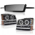 2004 Chevy Silverado 1500 Black Mesh Grille and Halo Projector Headlights LED DRL Bumper Lights