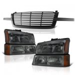 2003 Chevy Silverado 1500HD Black Front Grill and Smoked Headlights Set