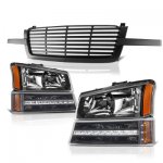 Chevy Silverado 3500 2003-2004 Black Front Grill and Headlights LED Bumper Lights