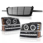 2004 Chevy Avalanche Black Grill and Halo Projector Headlights LED Bumper Lights