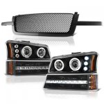 Chevy Silverado 3500 2003-2004 Black Mesh Grille and Projector Headlights LED DRL Bumper Lights