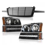 2003 Chevy Silverado 1500HD Black Front Grille and Halo Headlights LED DRL Bumper Lights