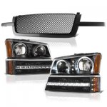 2005 Chevy Silverado 1500 Black Mesh Grille and Halo Headlights LED DRL Bumper Lights