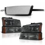 Chevy Silverado 3500 2003-2004 Black Grille Silver Mesh and Smoked Headlights