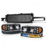 1999 GMC Sierra Black Vertical Grille and Headlights LED DRL Bumper Lights