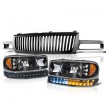 2004 GMC Sierra 1500 Black Vertical Grille and Headlights LED DRL Bumper Lights