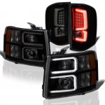 2009 Chevy Silverado 3500HD Black Smoked Custom DRL Projector Headlights LED Tail Lights