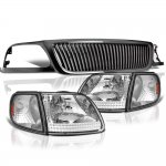 2002 Ford F150 Black Grille Clear Headlights Set