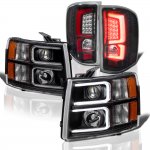 2014 Chevy Silverado 3500HD Black Custom DRL Projector Headlights LED Tail Lights Red Tube