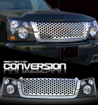 2003 Chevy Silverado Chrome Round Hole Mesh Grille and Black Headlight Conversion Kit