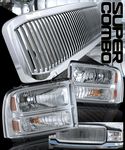 2005 Ford F250 Super Duty Chrome Vertical Grille and Clear Headlights Set